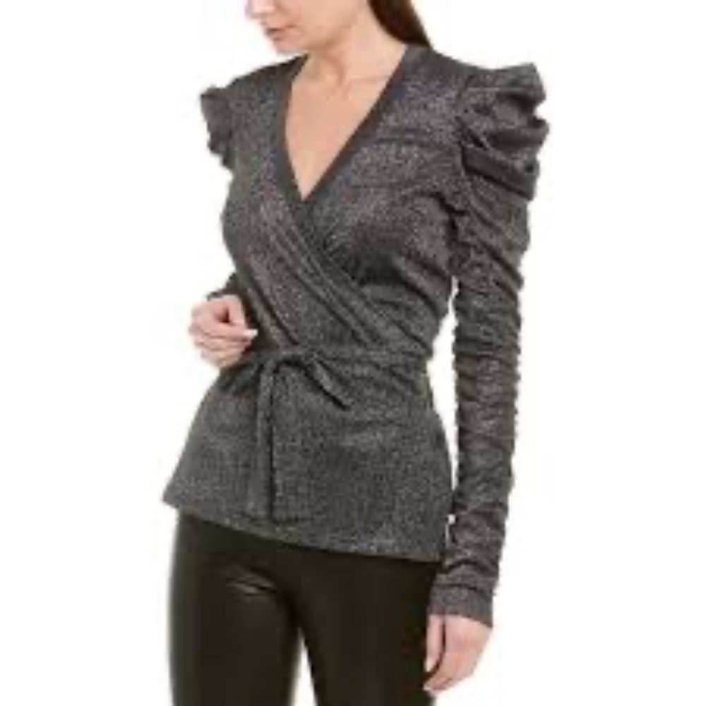 Walter Baker Marwin True Wrap Top Black Silver Sparkle Size Small Ruched Sleeve
